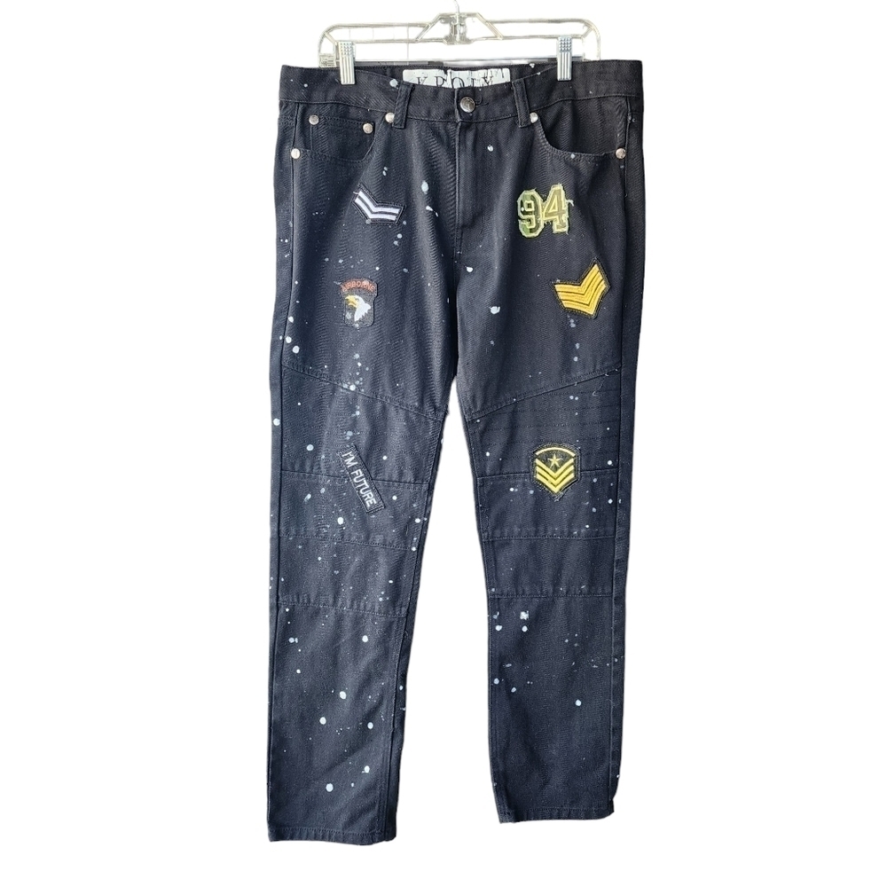 KROIX men sz 36 black denim jeans splatter paint Army airborne New York patches